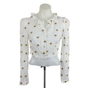 Urban Outfitters Embroidered Daisy Long Sleeve Button Down Crop Blouse Top S NWT